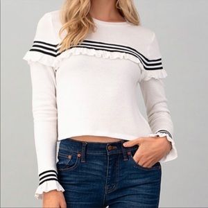 Heart & Hips White/Black Stripped Ruffled Long Sleeve Sweater